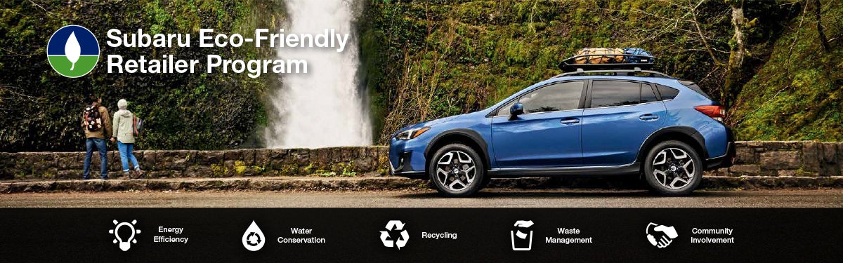The Subaru Eco-Friendly Retailer Program logo with a blue Subaru and eco icons at bottom. | Mark Miller Subaru Midtown in Salt Lake City UT