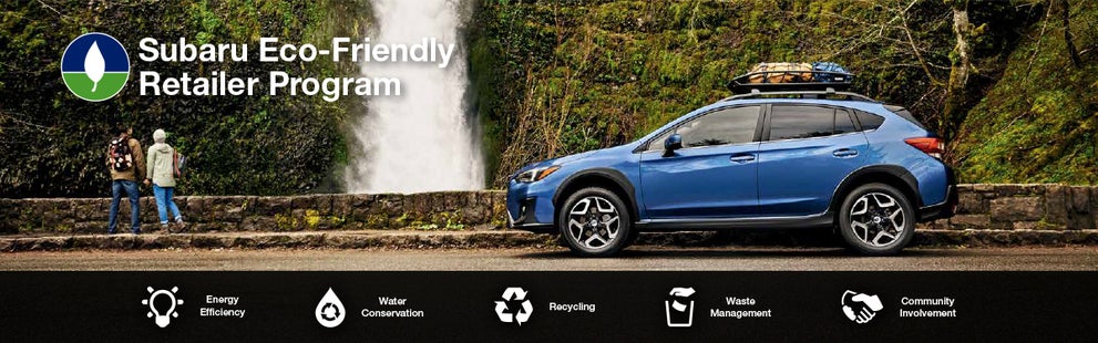 The Subaru Eco-Friendly Retailer Program logo with a blue Subaru and eco icons at bottom. | Mark Miller Subaru Midtown in Salt Lake City UT