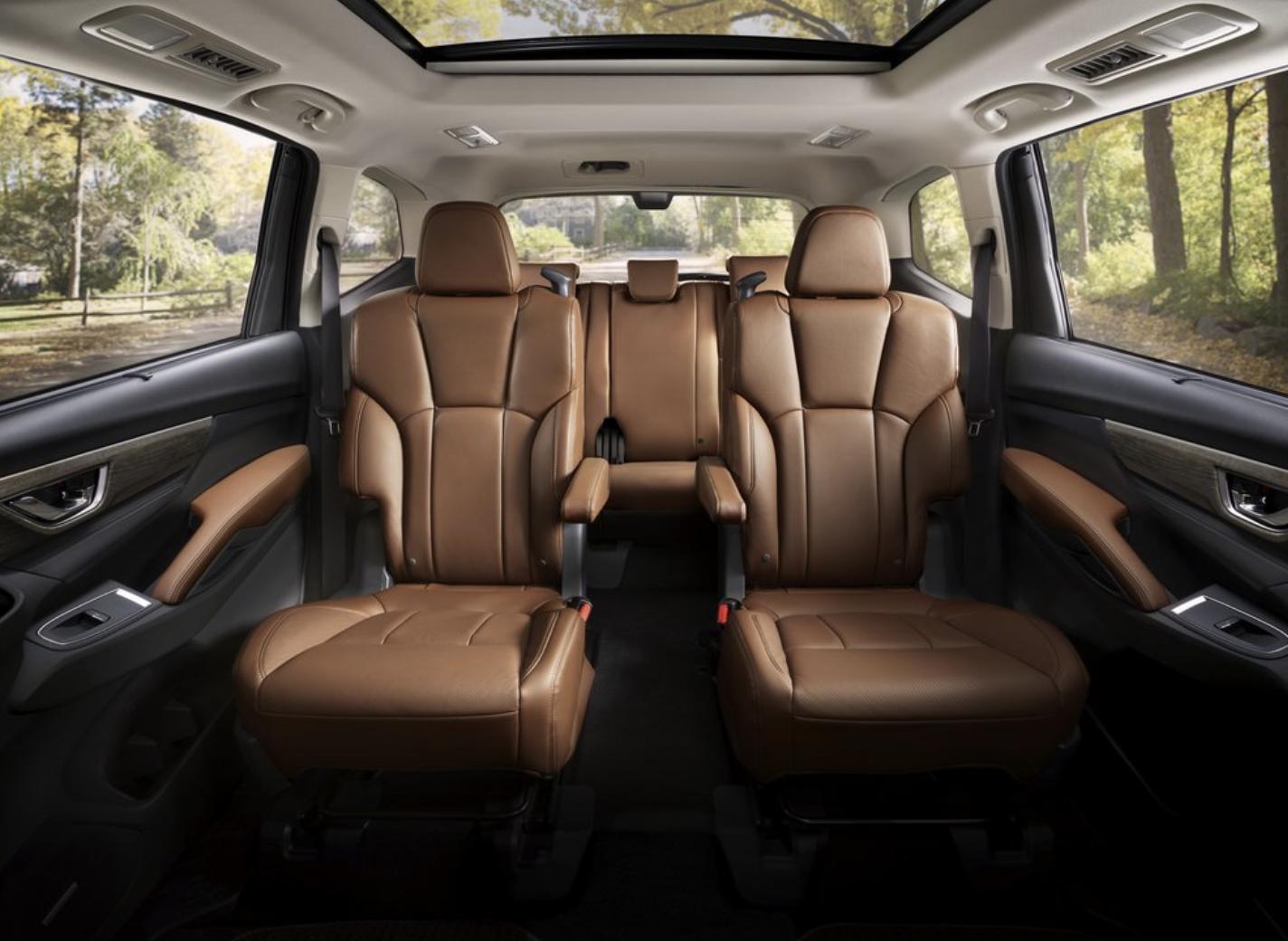 2026 Subaru Ascent second-row captain's chairs in brown leather with panoramic moonroof