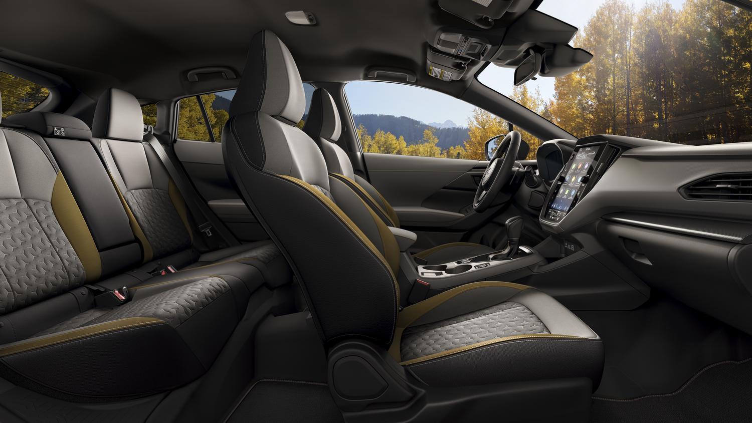 2026 Subaru Crosstrek Sport interior with black upholstery and yellow contrast stitching