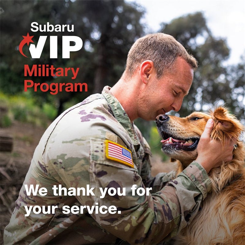 Subaru VIP Military Program: soldier in uniform greeting his golden retriever - we thank you for your service