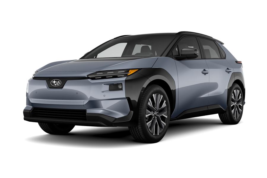 2026 Subaru Solterra Touring XT in Harbor Mist Gray Pearl two-tone, front three-quarter studio view